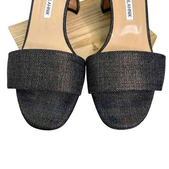 Manolo Blahnik Lauratomod Denim Ankle-Wrap Sandal in Metallic Wash Denim - Picture 2 of 9